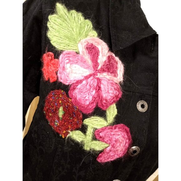 Choices Petite Womens Black Pattern Jacket Pink/Red Floral Applique Metal Button - Picture 3 of 12